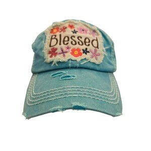 Distressed Turquoise Blessed Embroidered Baseball Cap Adjustable Back Strap